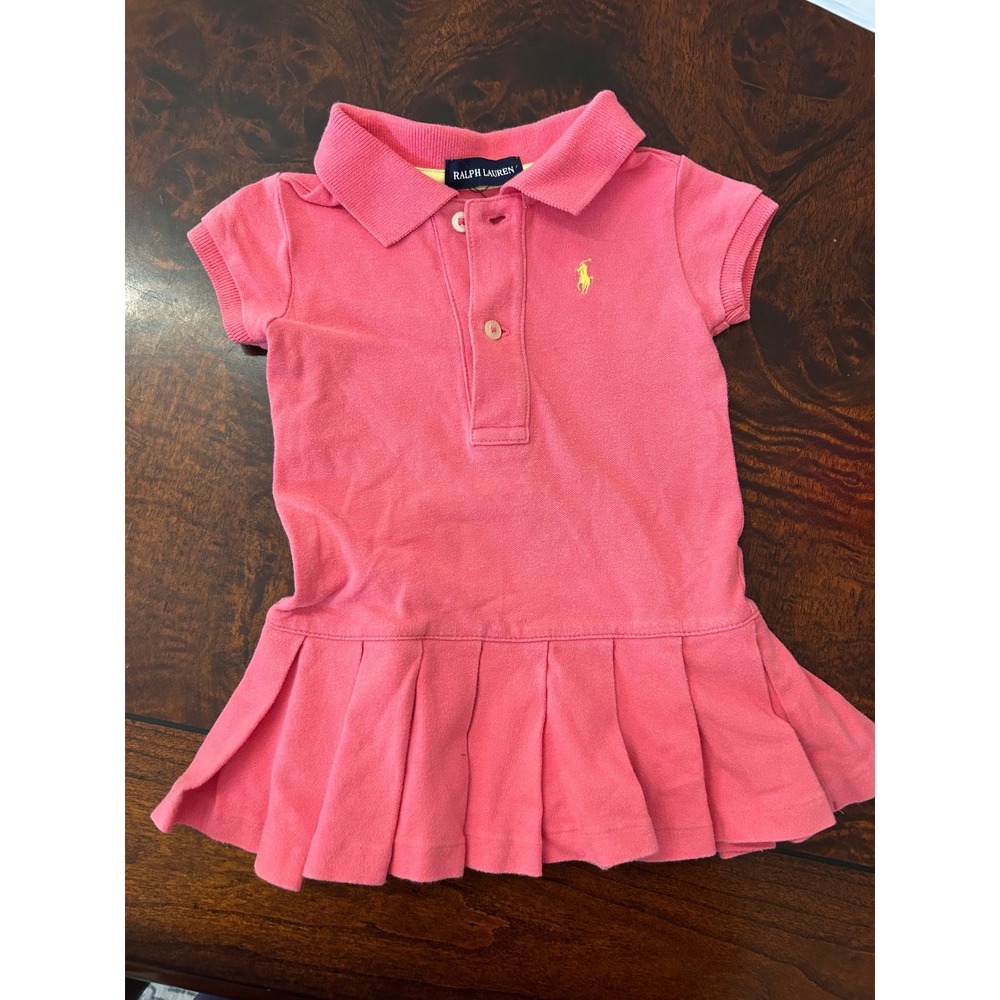 Ralph Lauren Kids Pink Polo Dress Pleated Drop Waist Yellow Pony RJ144248